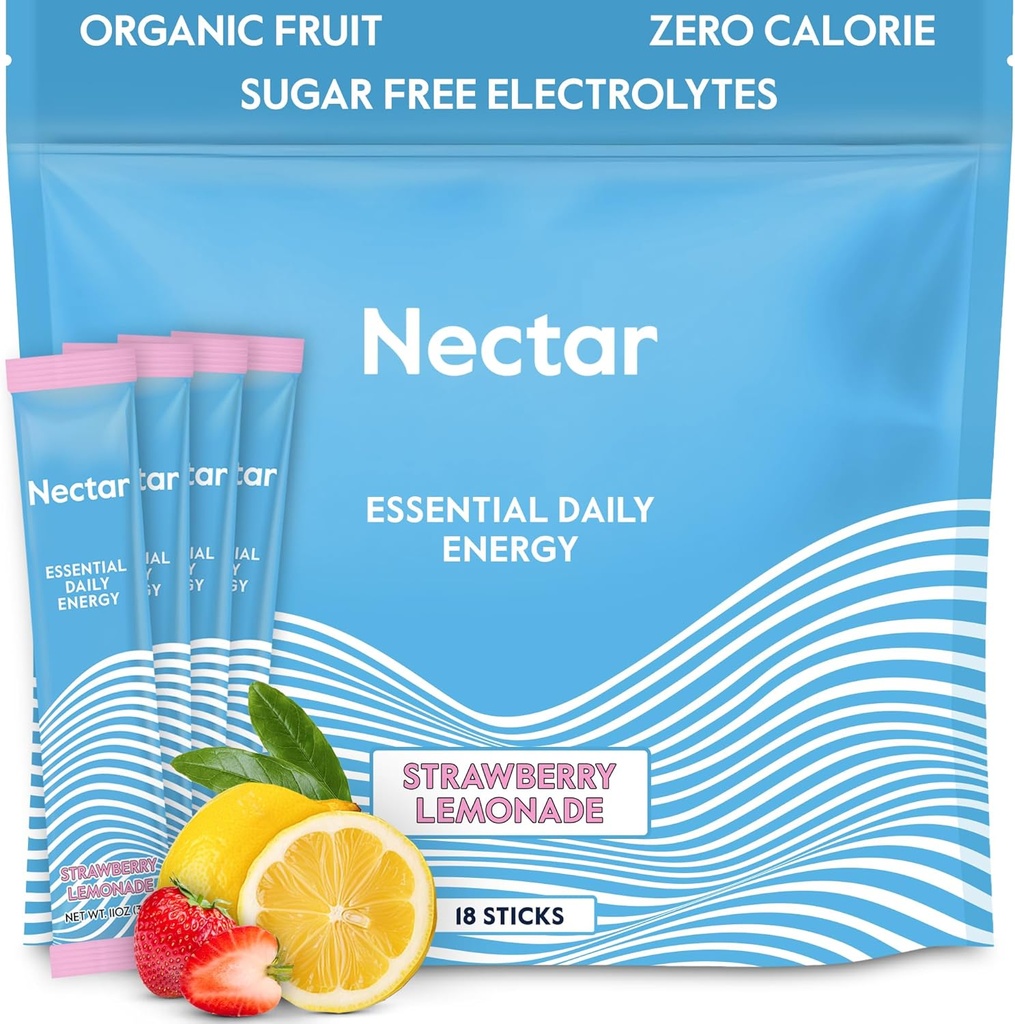 Nectar Energy Booster - Organic Caffeine, B12 & Elektrolyte - Sugar Free & Zero Calorie – Healthy Coffee, Energy Drink & Soda Alternative – Hydration & Energy Supplement (Straw. Lemonade 18 Pakete)