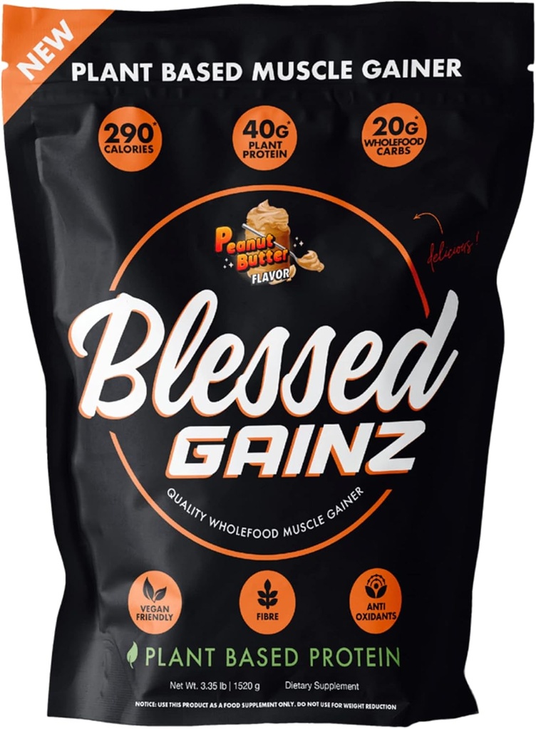 BLESSED Gainz Vegan Protein-Pulver - 40g Pflanzenbasiertes Proteinpulver - Meal Replacement Shake mit Pea Protein Powder - Vegan Protein Shake - 40 Servierungen (Peanut Butter)