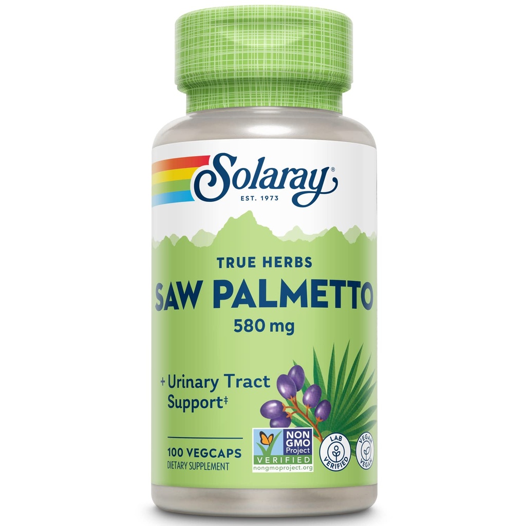 SOLARAY Saw Palmetto Berry 580 mg, Gesunde Prostata und Urinary Tract Unterstützung von Fatty Acids & Plant Sterols für Männer und Frauen, Non-GMO, Vegan & Lab Verified, 100 VegCaps, 100 Servietten