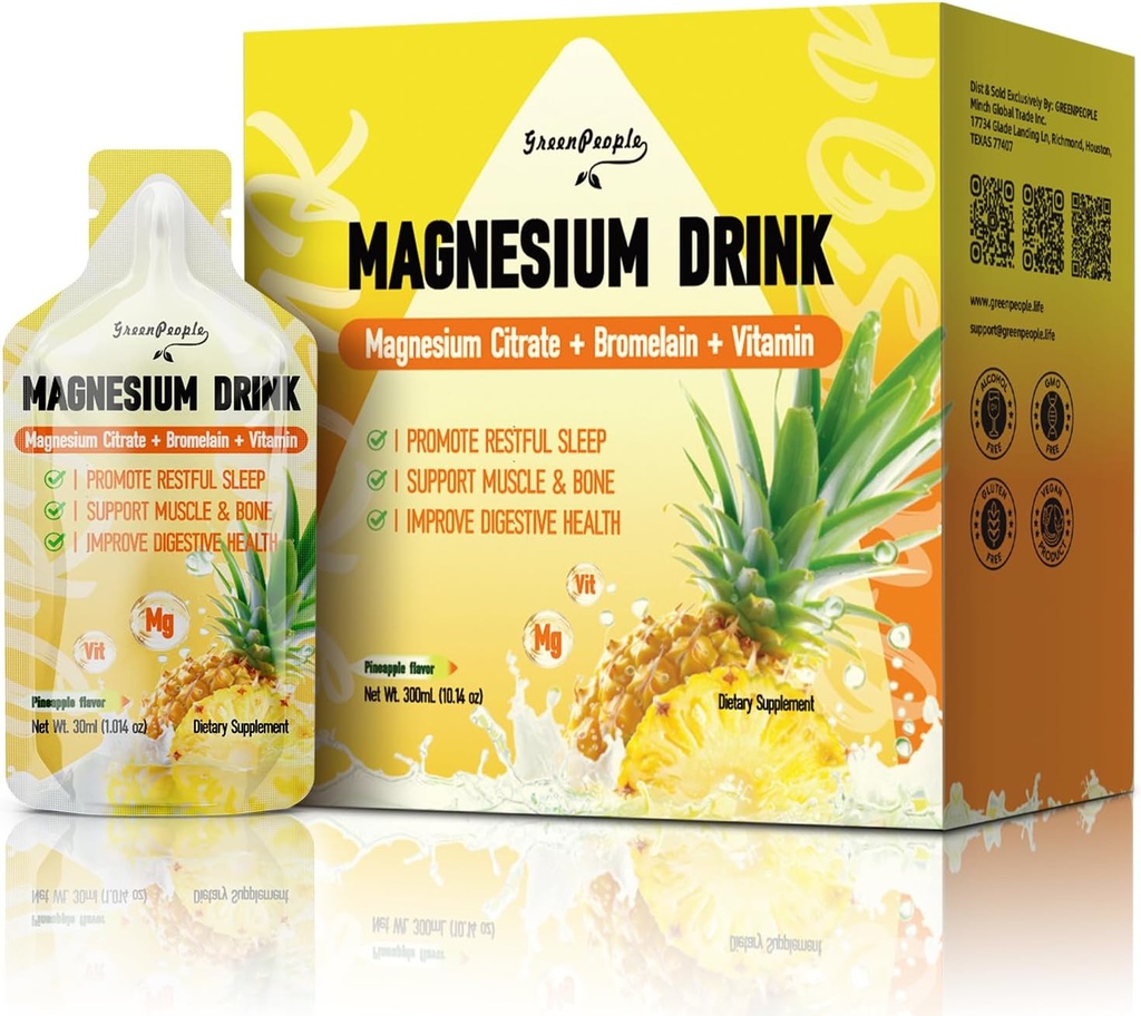 GREENPEOPLE 7-in-1 Magnesium Citrat Flüssigkeit, Magnesium Citrat Ergänzungen trinken mit 280mg Magnesium, Zink, Bromelain, Vitamin C D3 B6, Muskel-und Schlaf-Unterstützung für Kinder & Erwachsene, 1 fl.Oz (10Pcs)