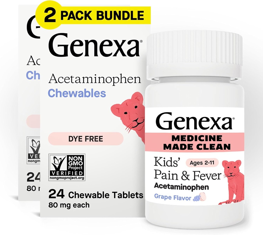 Genexa Kids’ Clean Pain & Fever Acetaminophen Chewables, Dye Free, 0% Künstliche Additive, Delicious Grape Flavor, Kaubare Medizin für Kinder 2-11, 80 mg pro Tablet, 48ct (2 Pack)