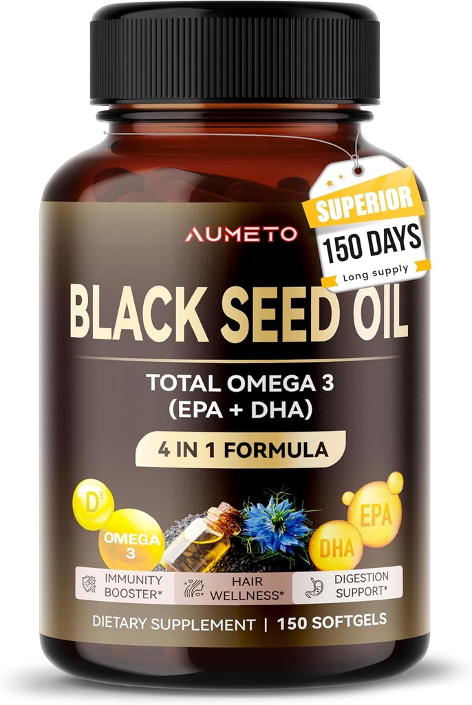 Bio Black Seed Oil - 150 Softgel - 100% Cold Pressed Quelle von Omega 3 (EPA + DPA) - Haut, Haar, Immununterstützung (150 Count (Pack von 1))