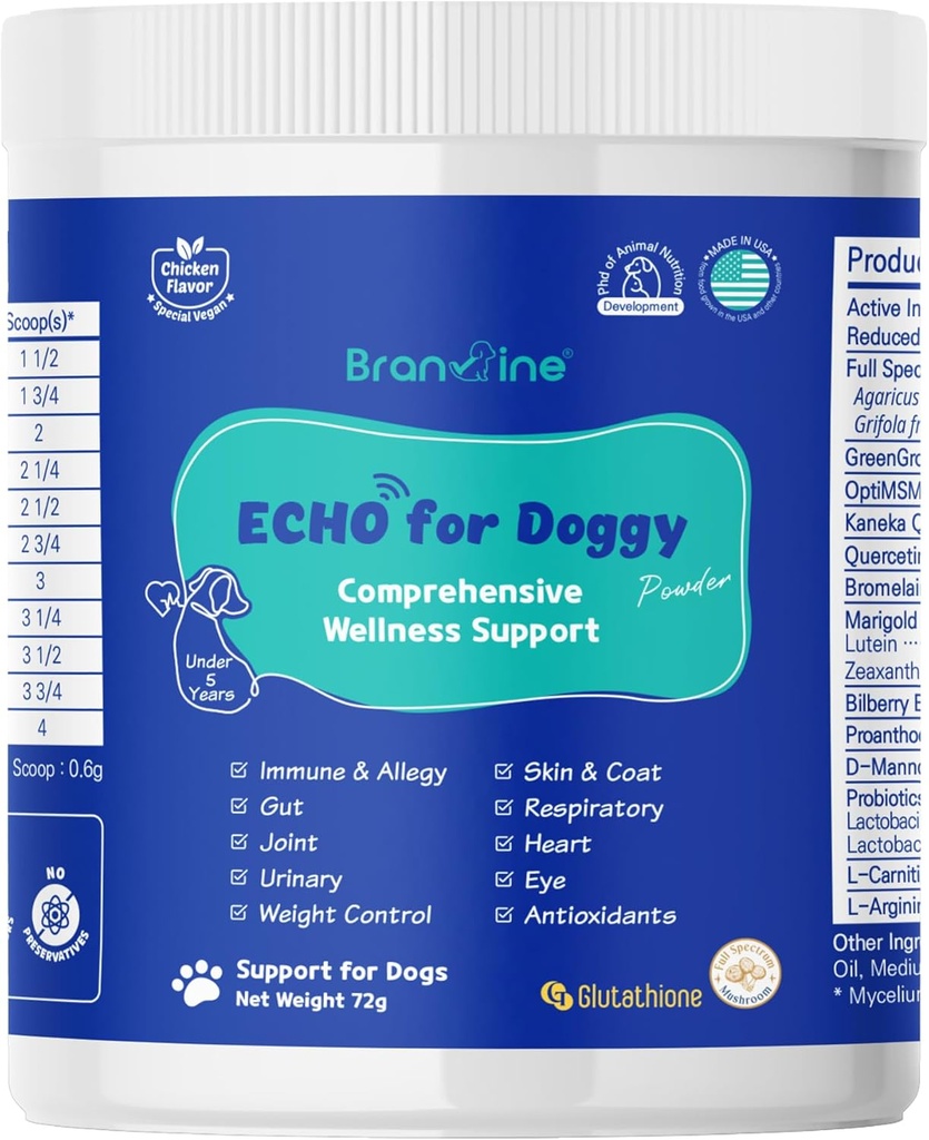 Wellness &amp; Skin-Unterstützung Echo für Doggy - 12 Gesundheitsvorteile / Juckreiz, Atopie, Allergie, Entzündung (72g)