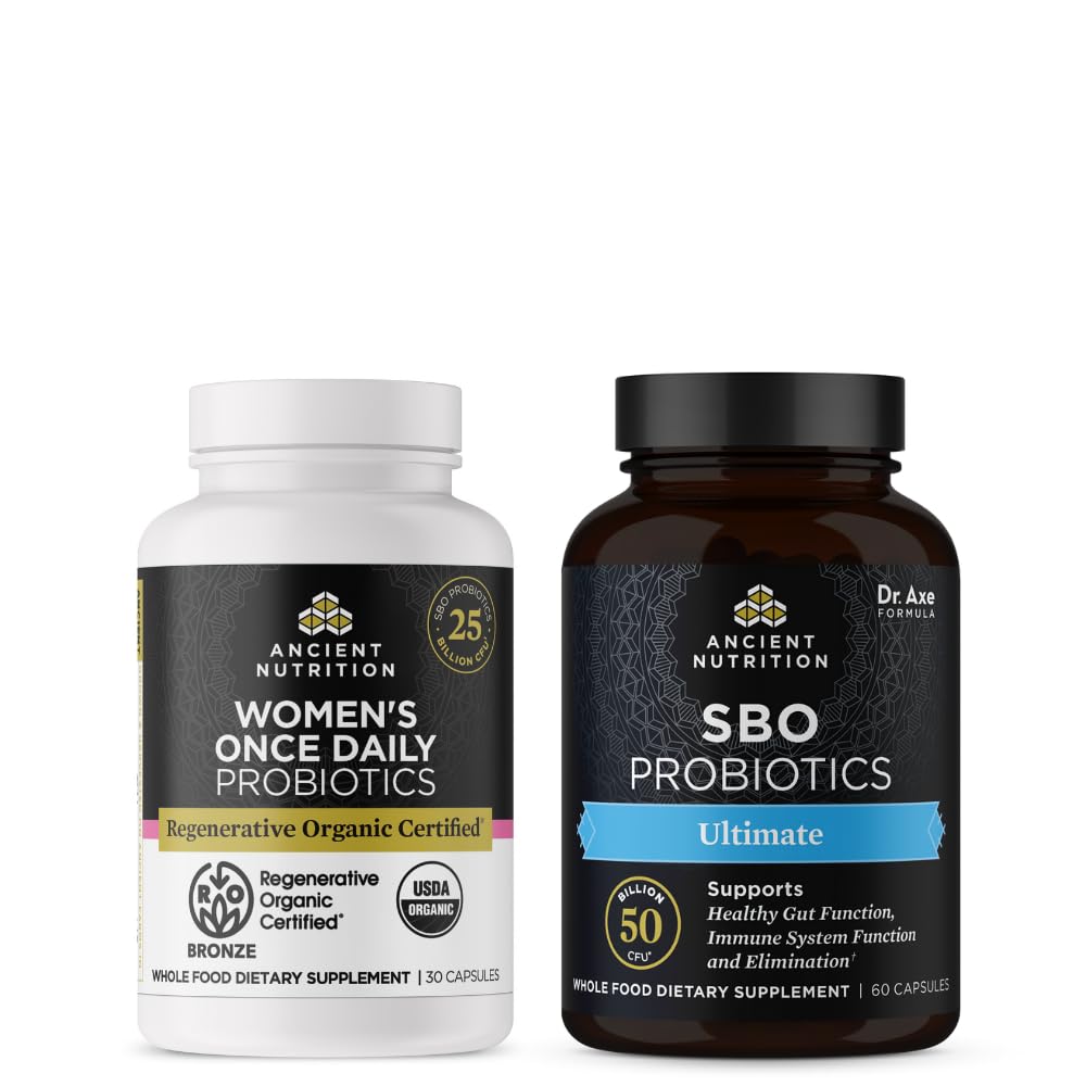 Ancient Nutrition Regenerative Organic Certified Probiotics, Women's Once Daily, 30 Count + SBO Probiotics, Ultimate, 60 Count