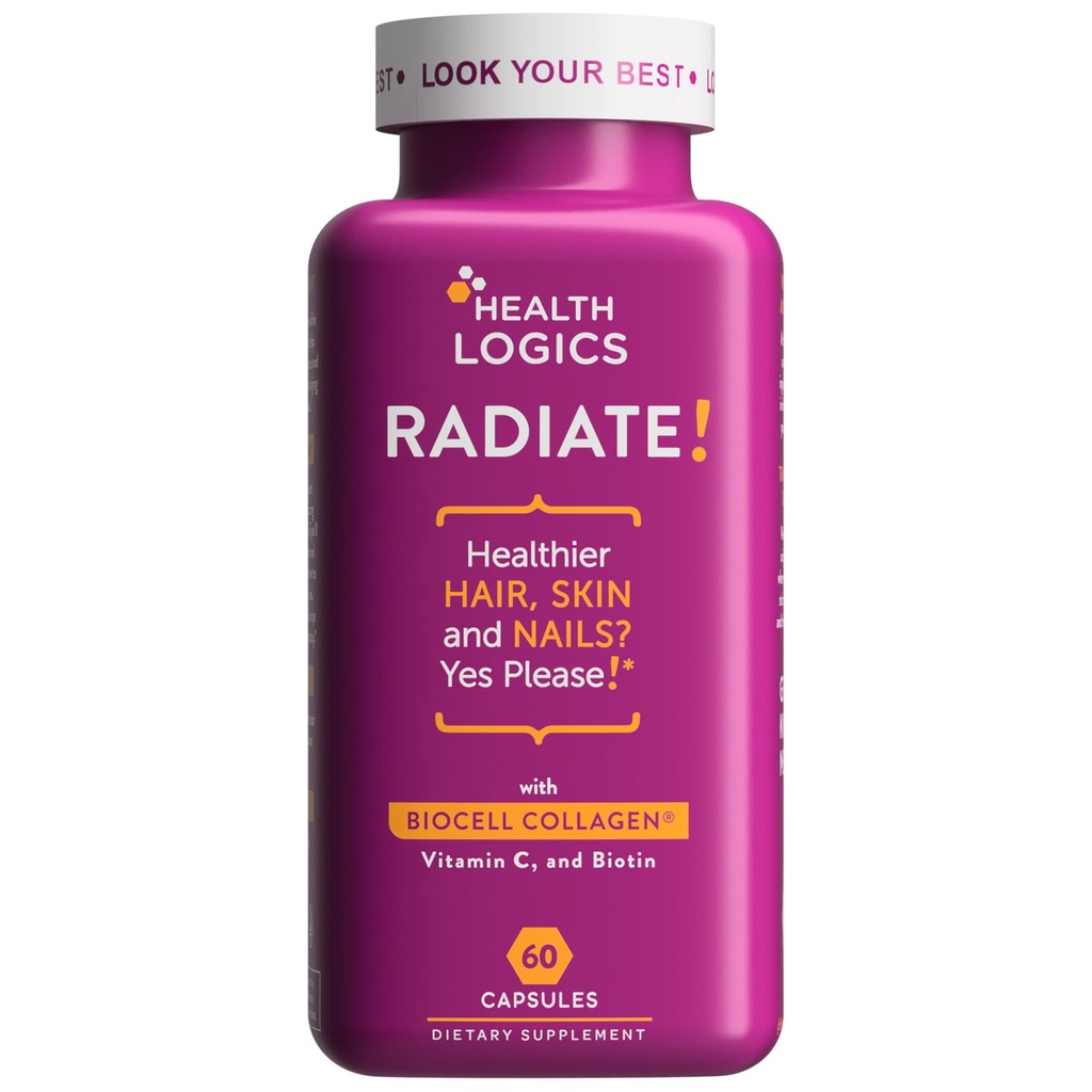 Health Logics Radiate | Hair Skin & Nails mit Biotin, BioCell Collagen, Vitamin C, Hyaluronsäure | Klinisch ausgewertet, um Gesichtslinien, Falten, Crows Feet & Promote Joint Comfort zu reduzieren