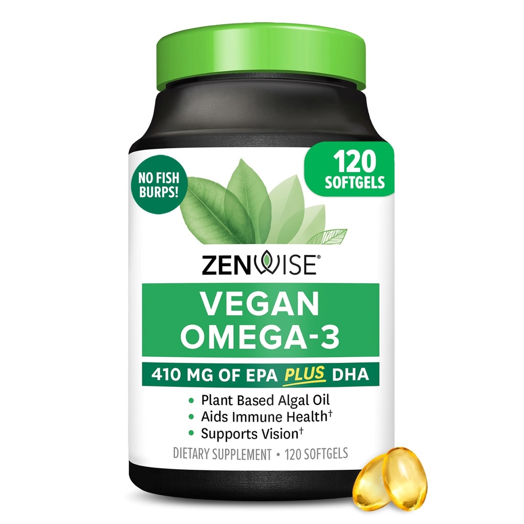 Zenwise Health Vegan Omega 3 Supplement - Burpless Omega 3 Supplement mit DHA, EPA & DPA Fettsäuren für Immungesundheit - Fish Oil Alternative von Sustainable Sourced Marine Algae Oil - 120 Softgels