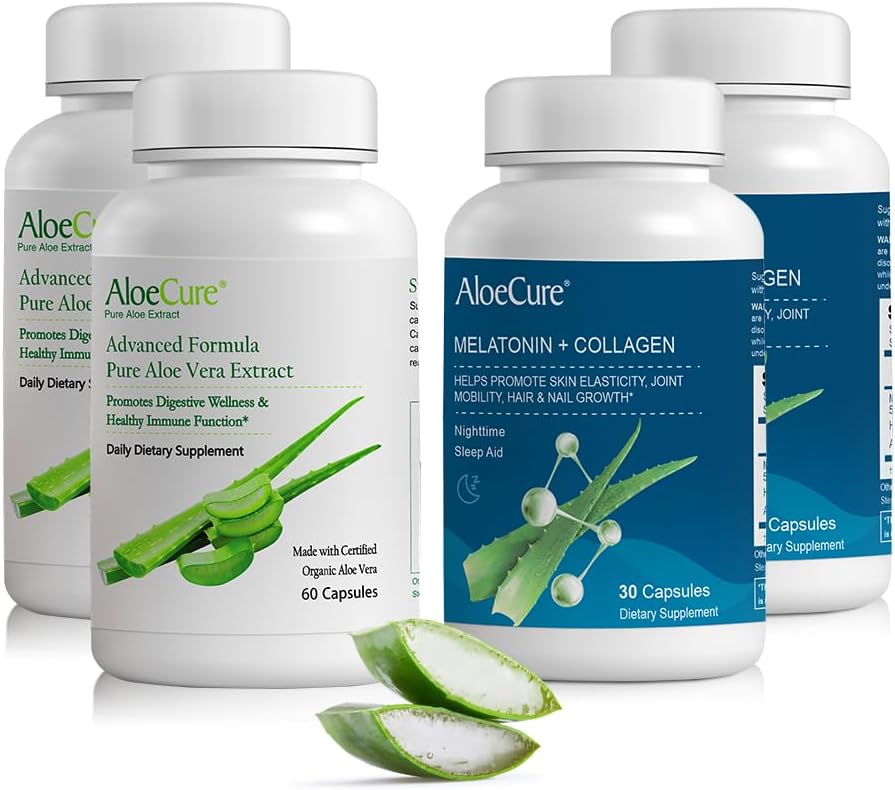 AloeCure Organic Aloe Vera Capsules Pack - 4 Stück - 2 x Melatonin + Collagen, 2 x Aloe Vera Kapseln