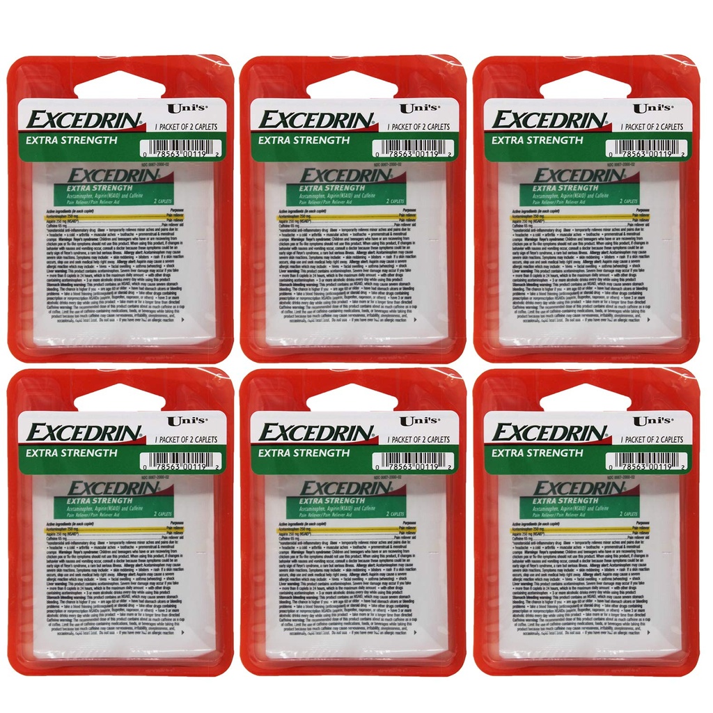 Uni's Excedrin Extra Strength 6 Count Single Dose Relief 2 Kapseln in jedem Packung. Hilft, Kopfschmerzen, Toothache, Backache, Menstrual Cramps, Common Cold und Muscular Aches zu lindern.