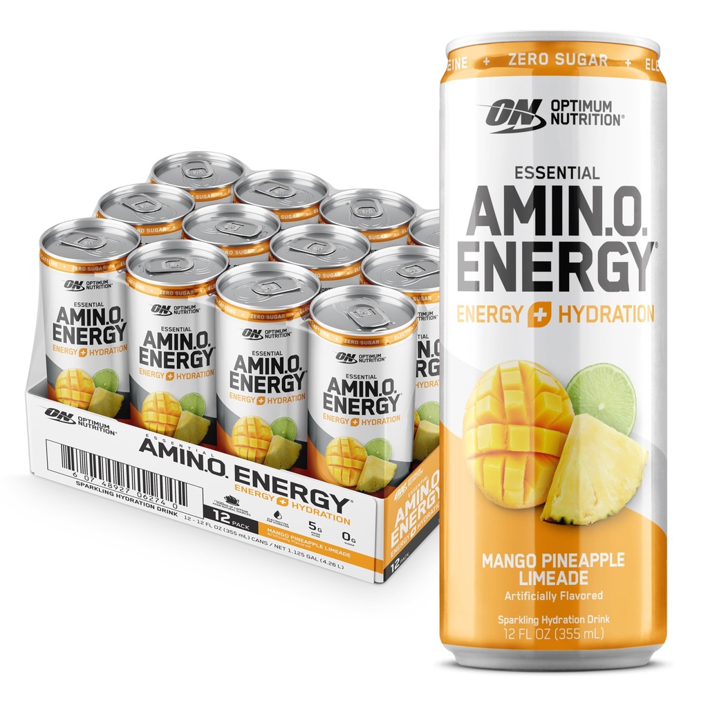 Optimum Nutrition Amino Energy Sparkling Hydration Drink, Elektrolyte, Koffein, Aminosäuren, BCAAs, Sugar Free, Mango Ananas Limeade, 12 Fl Oz, 12 Pack (Packaging May Vary)