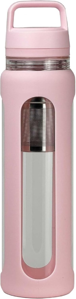 20oz Glas Wasserflasche mit Silikonhülle, 600ml Tasse mit 2 Tier Lid (Wide Mouth und Small Mouth Straight Drink) mit Tee-Leak-Flasche - Gym Yoga Outdoor-Aktivitäten (Pink)