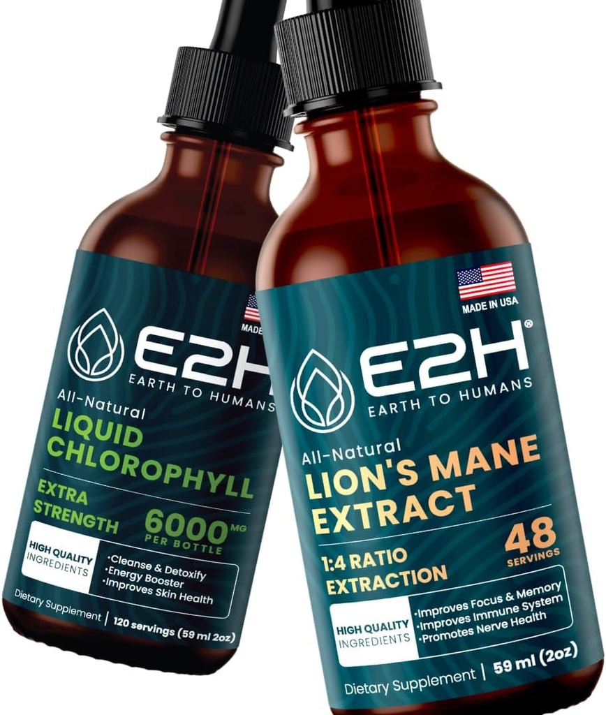 E2H: Flüssiger Chlorophyll und Lion's Mane Mushroom | Vegan, Non-GMO - 2 Fl Oz Jeder (4 Fl Oz Total) - Bundle