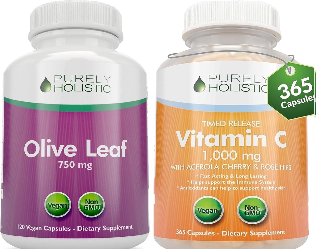Rein ganzheitlicher Olivenblattextrakt 750mg + Vitamin C 1000mg 2 Stage Release Bundle - 485 Vegan Kapseln - Made in USA
