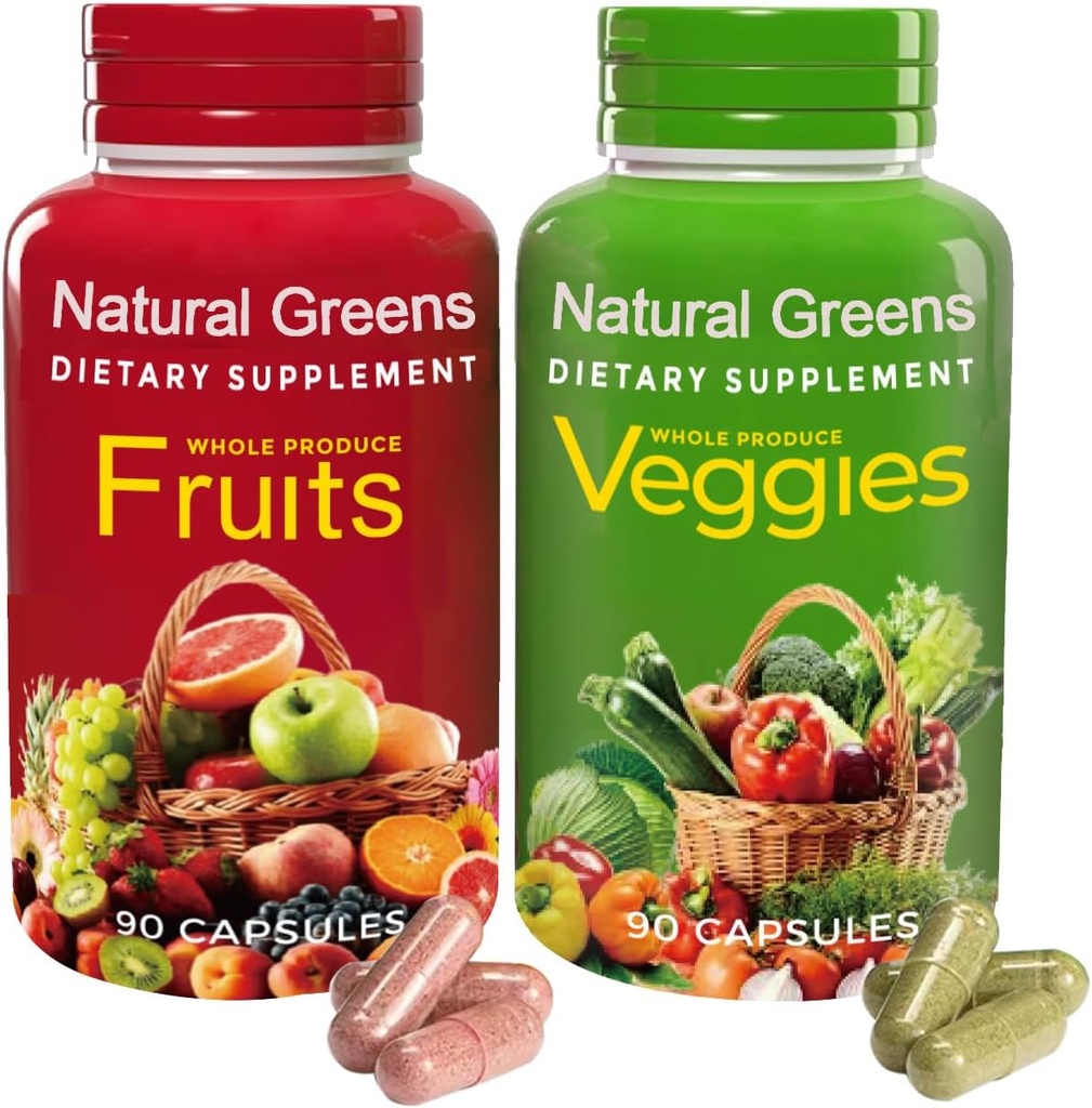 NATURAL GREENS Organic Fruits & Vegetables Supplement – Superfood Kapseln mit Vitaminen & Probiotics – Unterstützt Verdauung, Immunität, Energ & Gut Gesundheit – 180 Kapseln für Erwachsene & Kinder
