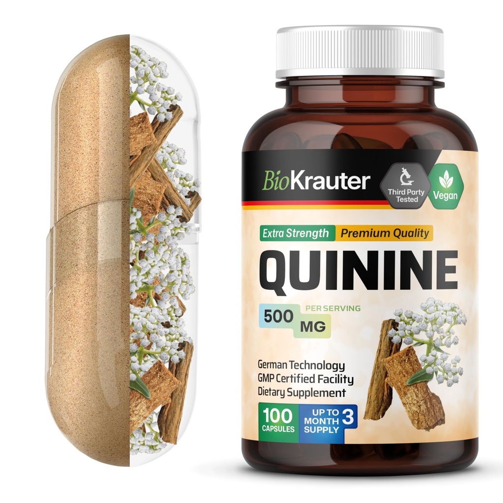 BIO KRAUTER Quinine für Leg Cramps Kapseln 500 mg - 100 Count - Cinchona Bark Pulver - Quinine Kapseln - Vegan, keine Füllstoffe