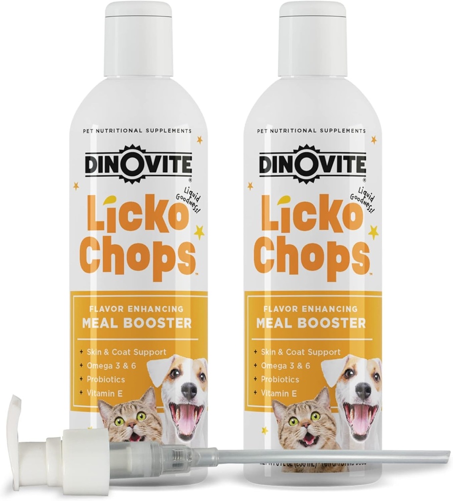 Dinovite Lickochops für Hunde & Katzen-Ergänzung mit Omega-6, 3 Fettsäuren, Probiotika und Vitamin E, 16 oz mit Pumpe