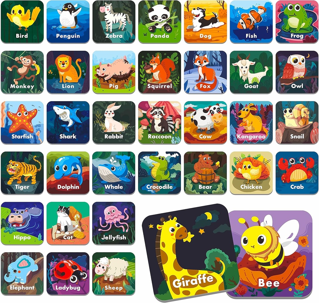 Hebayy 36 Paar Animal Matching Memory-Spiel Flash-Karten für Kleinkinder, Vorschule, Kindergarten und zu Hause. Erasable, Fun & Fast, Travel Friendly, Skill Building. Größe 2” x 2”(5 x 5 cm)