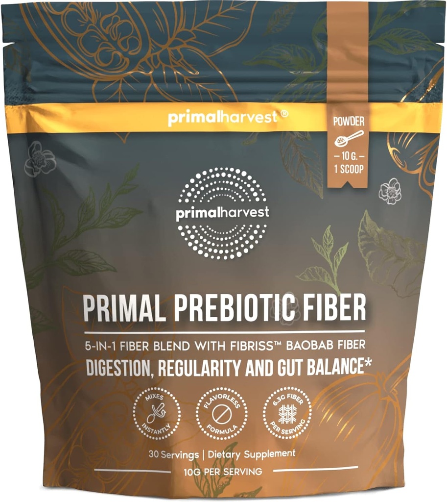 Primal Harvest Prebiotic Fiber Powder Unflavored, 30 Servierungen 5 in 1 Tägliche Ergänzung mit Organische Akazie und Fibriss Bio Baobab Pulver.