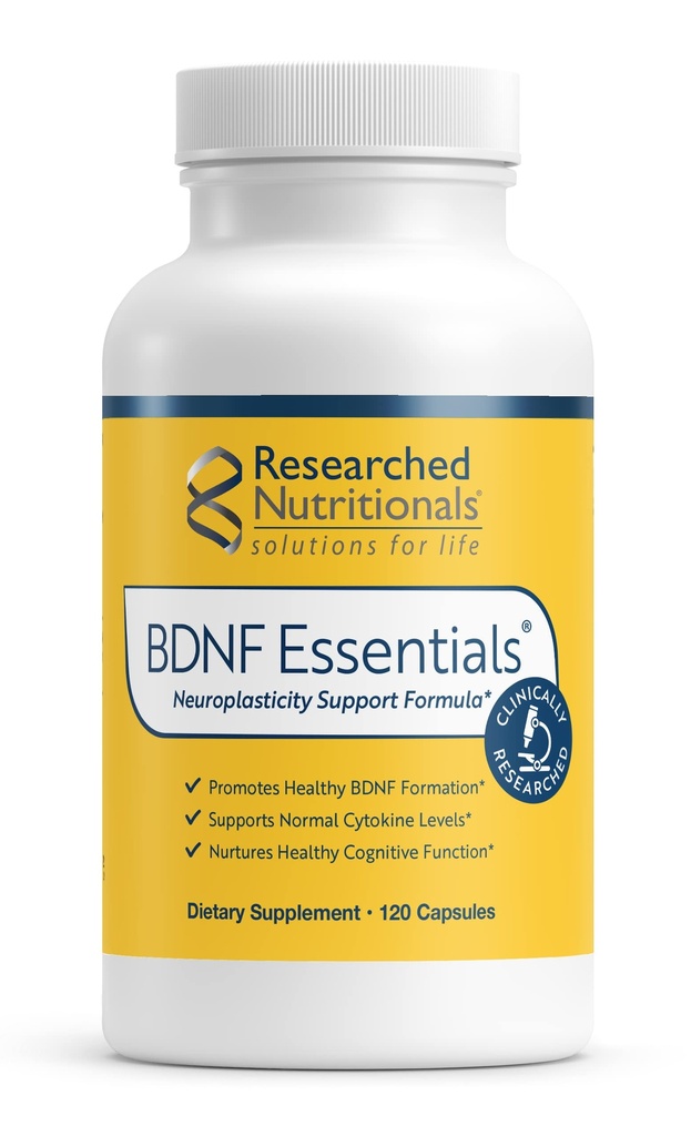 Researched Nutritionals BDNF Essentials - Clinically Researched Brain Supplement with Bacopa Monnieri & Lions Mane Mushroom - Supports Neuroplasticity, & Healthy Cortisol Levels, 120 Capsules