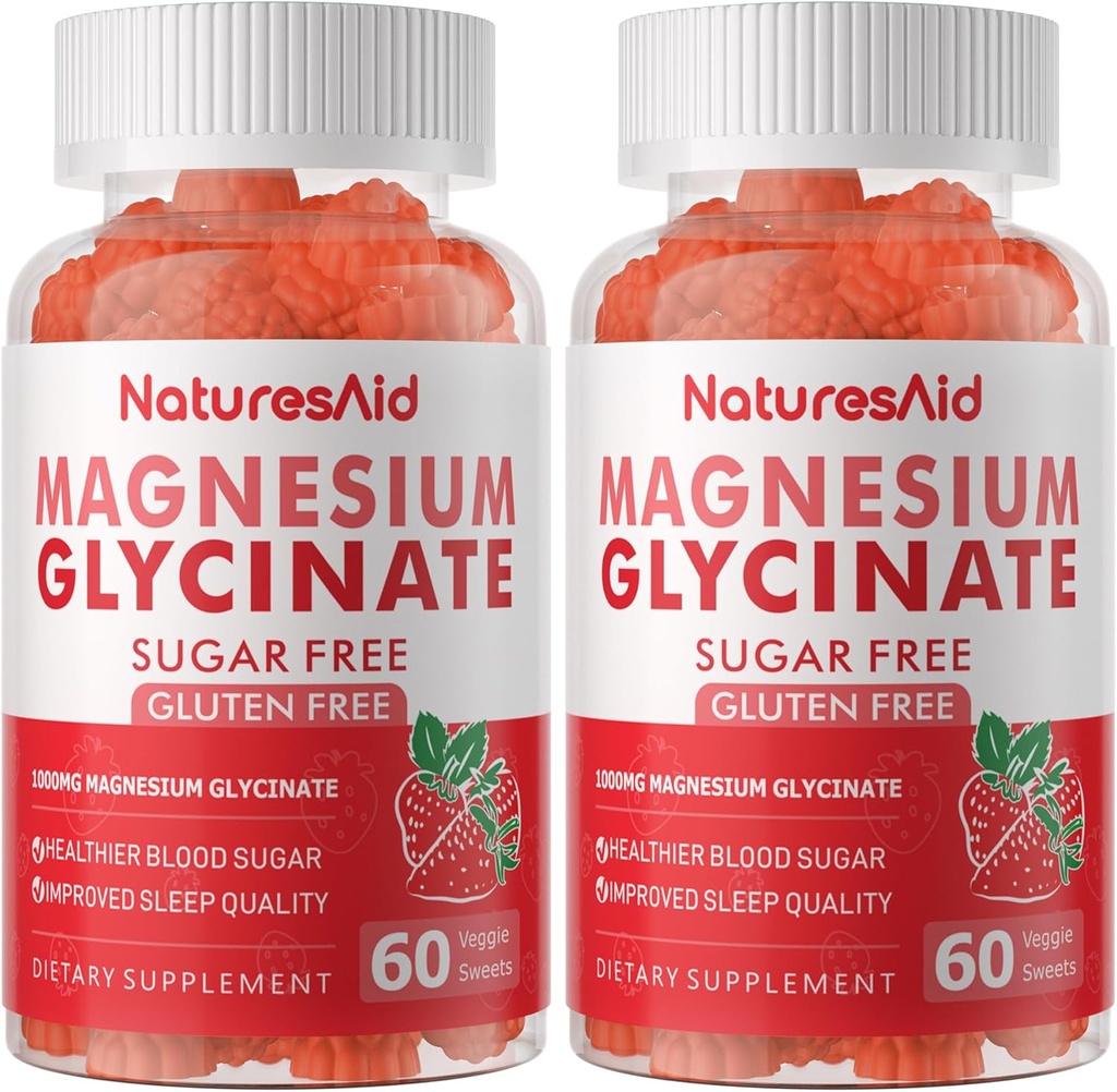 Magnesium Glycinate Gummies 1000mg - Zuckerfreie Magnesium Kalium-Ergänzung mit Vitamin D, B6, CoQ10 für ruhige Stimmung & Schlaf-Unterstützung - 120 Erdbeergummis -2 Pack