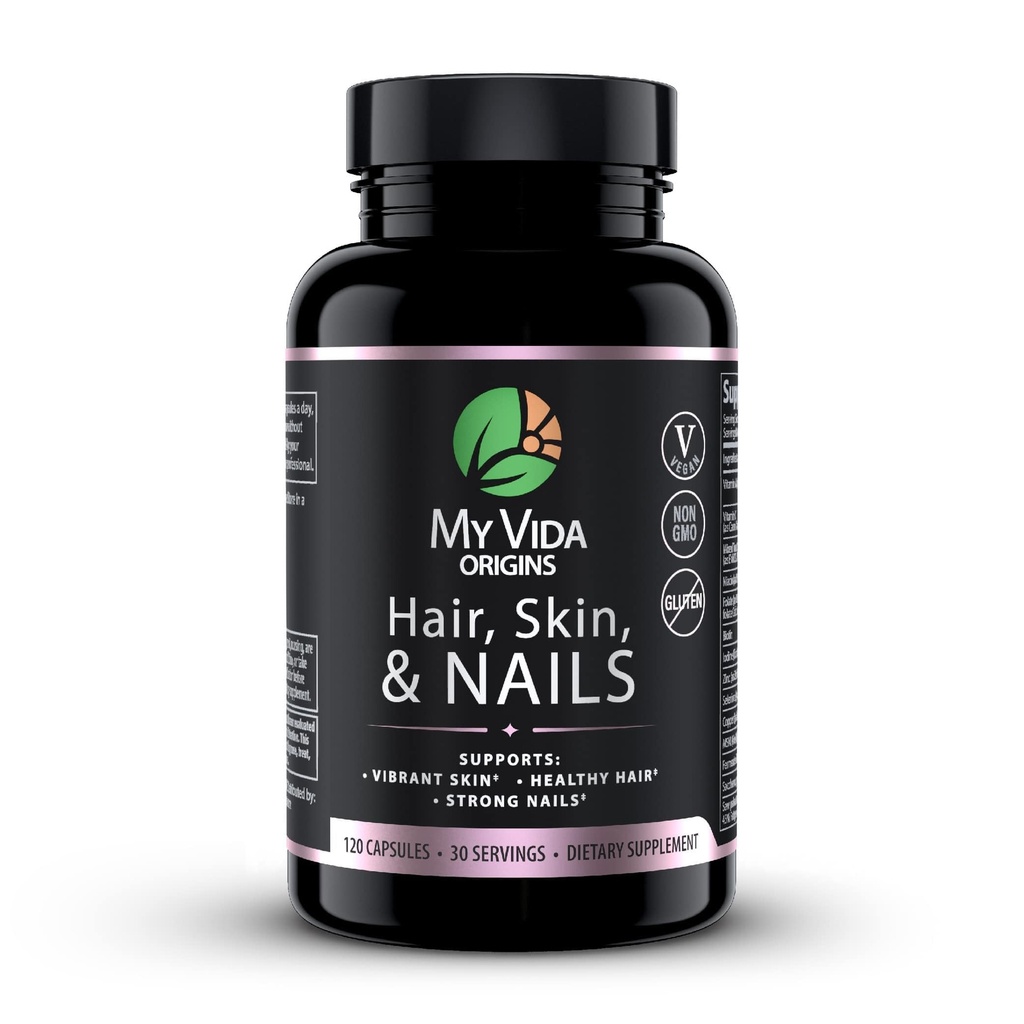 My Vida Origins Hair Skin and Nails | Thicker Hair, Stronger Nails, Vibrant Skin | Unterstützt natürliche Schönheit | Zink, Biotin, Vitamin E | Vegan 120 Kapseln 1 Monat Versorgung