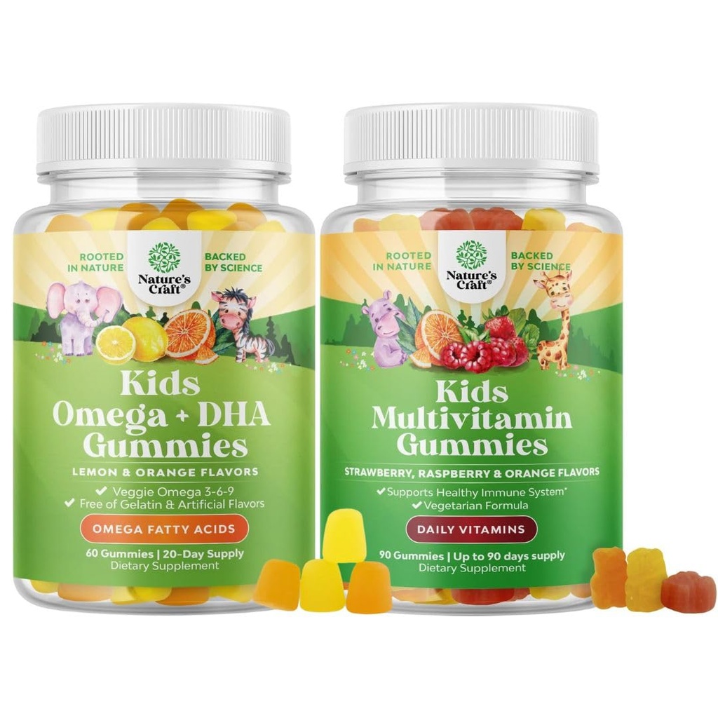 Bundle of Kids Gummies - DHA Fatty Acids Omega 3 6 9 for Brain, Immune Strength & Vision and Multivitamin for Immune Support with Vitamins A, C, D3, E, B6 & B12, Zinc & Iodine