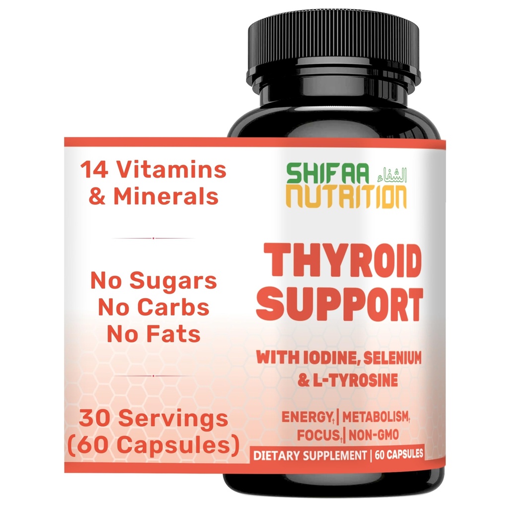 SHIFAA NUTRITION Halal Schilddrüse Unterstützung 30 Servierungen | Non-GMO Relief Supplement w/ B12, Iodine, Selen, L-Tyrosine | Unterstützt Energie, Stoffwechsel, Fokus, Klarheit, Cortisol Balance