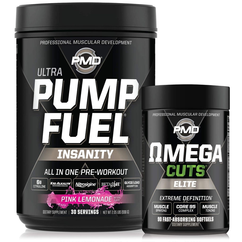 PMD Sports Ultra Pump Fuel Insanity - Pre Workout – Pink Lemonade (30 Servierungen) Sport Omega Cuts Elite Thermogenic Fat Burner (90 Softgels)