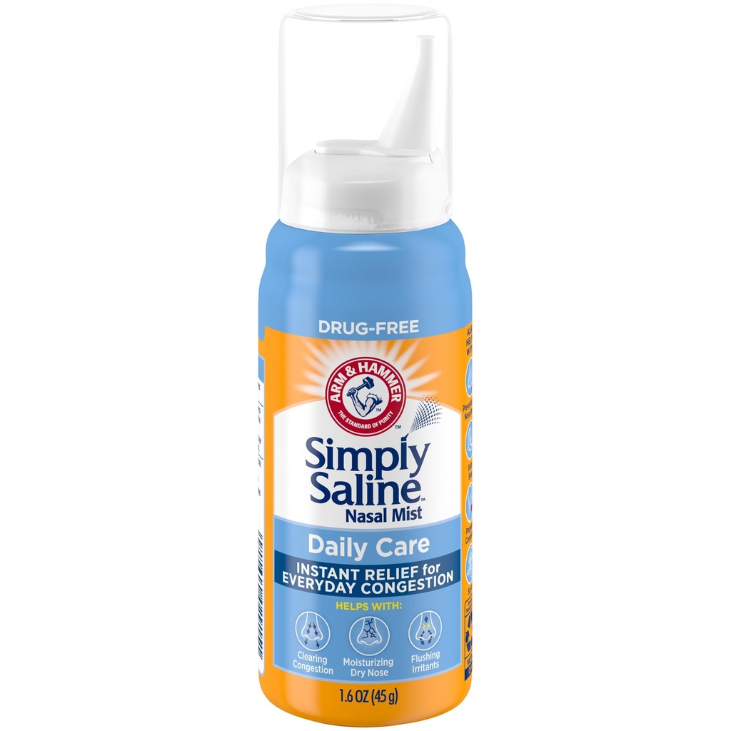 ARM & HAMMER Einfach Saline Daily Care Nasal Mist, Drug-Free Non-Drowsy Saline Spray für Instant Nasal Congestion und Allergy Relief, Verwendung wie oft wie erforderlich, geeignet, um zu verwenden, wenn schwanger, 1,6 oz