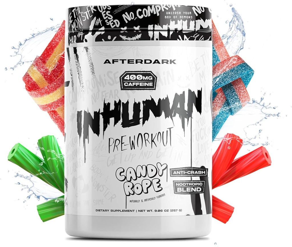 AFTERDARK INHUMAN Pre-Workout-Pulver, Enhanced Mind-Muscle Connection, Sustained Energy, Potent Nootropic Blend, Vegan, Glutenfrei, Soy-Free, 400mg Koffein, kein Crash, Candy Rope