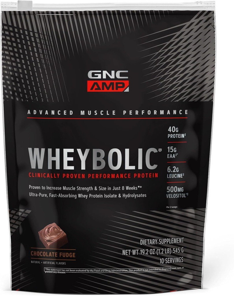 GNC AMP Wheybolic Clinical Proven Protein Powder, 40g Whey Protein, BCAA, Leucine, erhöht Muskelkraft, Muskelaufbau, 3rd Party Getestet, Chocolate Fudge, Glutenfrei, 10 Servierungen