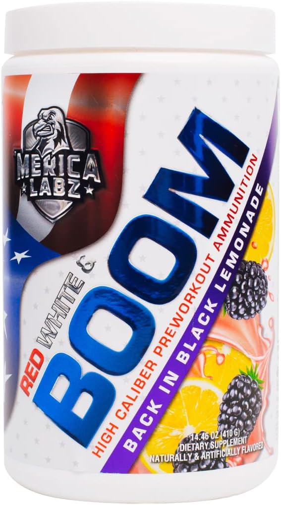 'Merica Labz Red, White, and Boom, High Caliber Pre Workout mit VasoDrive-AP®, 350mg Koffein, Max Energy, Pump and Focus, Erhöhter Blutfluss und Muskelvolumen, 20 Portionen (Back in Black Lemonade)