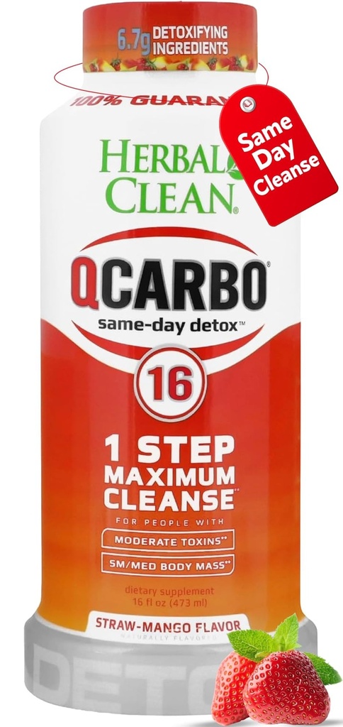 Herbal Clean Qcarbo16 Same-Day Detox Cleanse Drink (16 fl oz) - Strawberry Mango Flavor Full Body Cleanse* Detox Drink für Moderate Toxin Level*, Vitamin B2 und Vitamin B12 für Männer & Frauen