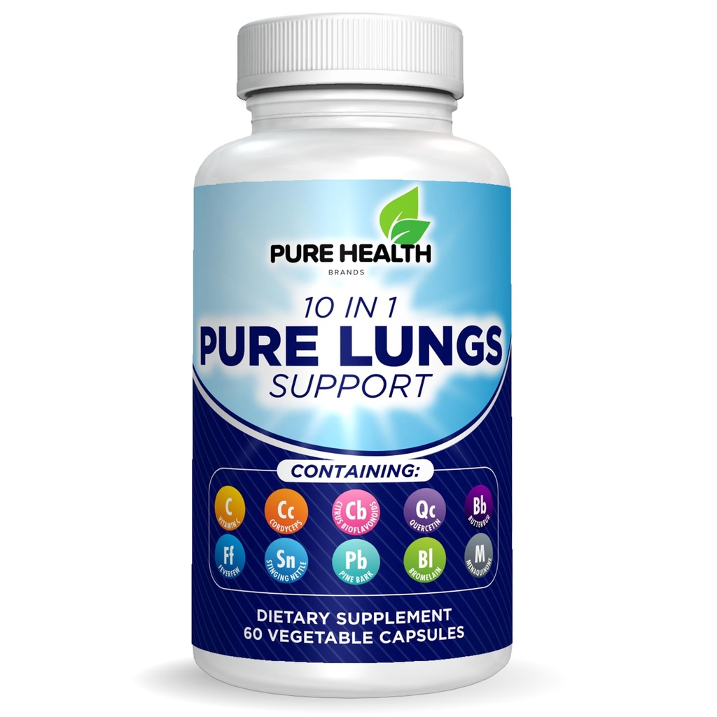 Pure Lungs Support – 10-in-1 Lung Cleanse & Detox Supplement for Smokers & Respiratory Health – with Quercetin, NAC, Cordyceps, Pine Bark, Vitamin C & Butterbur – 60 Capsules