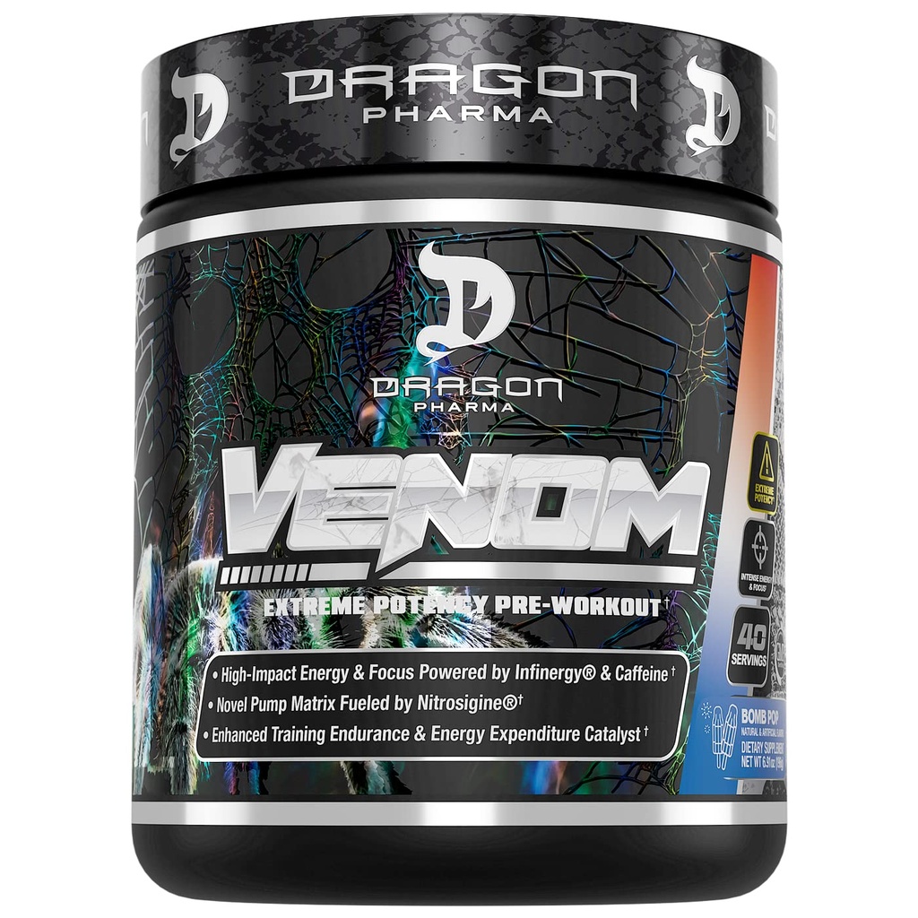 DRAGON PHARMA Venom Extreme Potency Pre-Workout, Laser Sharp Focus + Energy, Intense Performance, Proven Ingredients for Enhanced Vasodilation & Endurance (40 Servierungen, Bomb Pop)