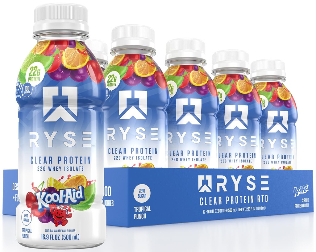 RYSE Clear Protein Drink - Kool-Aid Tropical Punch - 100 Kalorien, 22g Whey Isolate Protein Shake, Sugar-Free, 0g Fat & Lactose-Free - Refreshing Ready-to-Drink Beverage - 16,9 fl oz Flaschen (12-Pack)