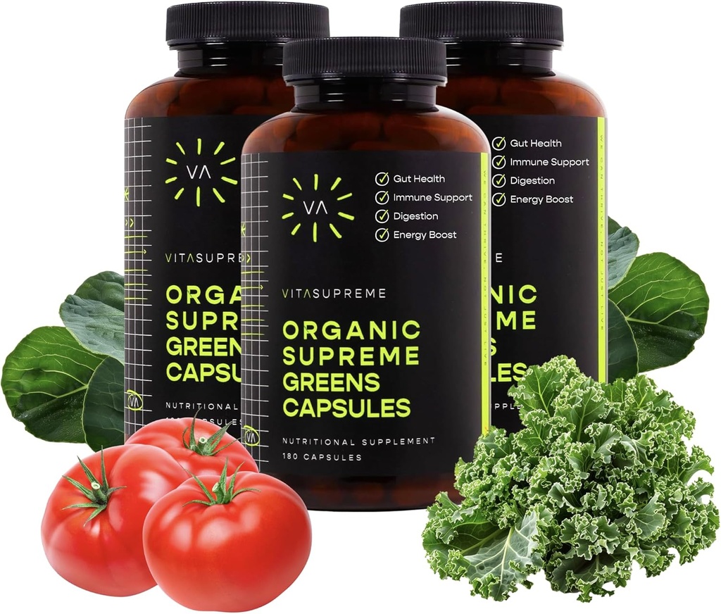 Vita Supreme Organic Super Greens Superfood Kapsel, Nahrungsergänzungsmittel für Gut Gesundheit, Immununterstützung, Verdauung, Energie und mehr (Non-GMO, Keto, Vegan) 180 Kapseln, 3 Packung