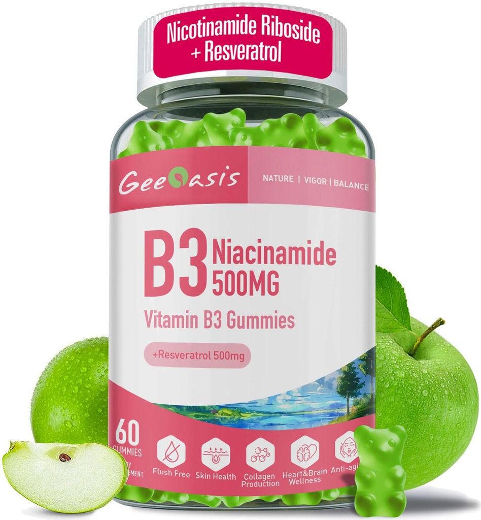 Niacinamid 500mg Gummie, Kaubares Vitamin B3 Beilage mit Resveratrol 500mg, Hohe Potenz Niacin für Antioxidans, Haut und Gehirn Gesundheit, Immununterstützung, Vegan Apple Flavor, 60 Count