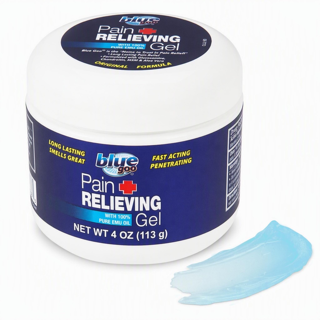 Blue Goo Pain Relieving Gel – Relief für Rücken, Neck, Muskel und Gelenkschmerzen, Schnell-Aktualisierung und beruhigendes Relief mit 100% reines Emuöl, 4 oz (1 Pack)