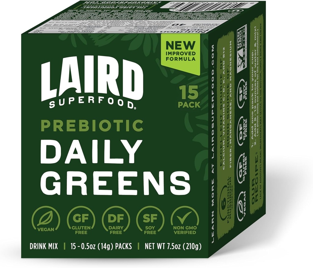 Laird Superfood Prebiotic Daily Greens Powder - Paket von 15 Einzelne Servierbeutel - Essential Vitamins & Minerals - Fiber, Adaptogen & Fruits, Gemüse – Unterstützt Gut Health – Non-GMO, Vegan