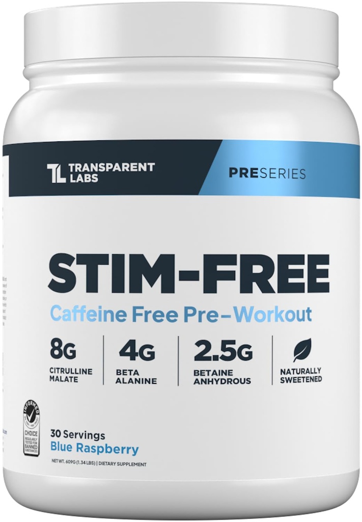 Transparent Labs Stim-Free Pre-Workout - Koffein & Stim Free Pre Workout Pulver für Männer und Frauen mit Beta Alanine Pulver, Citrulline Malate, &amp; ElevATP - 30 Servierungen, Blau Himbeer