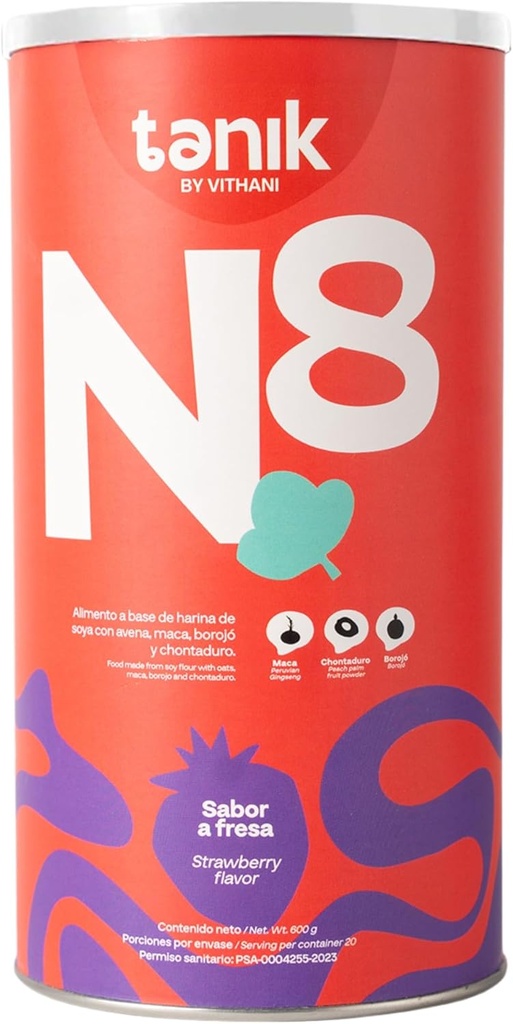 Vithani N8 - Multivitamin-Pulver mit Maca, Borojo, Peach-Palm-Frucht, Zink, Calcium, Omega 3, Omega 6 & Vitamine, Erdbeer-Flaschen, 20 Portionen, Energieunterstützung, wenn Sie müde fühlen