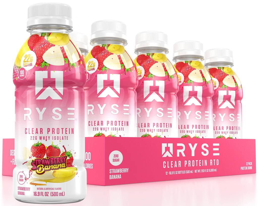 RYSE Clear Protein Drink - Strawberry Banana - 100 Kalorien, 22g Whey Isolate Protein Shake, Sugar-Free, 0g Fat & Lactose-Free - Refreshing Ready-to-Drink Beverage - 16,9 fl oz Flaschen (12-Pack)