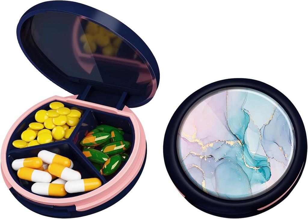 Serfeymi Small Pill Box - 3 Komponenten Tragbare Pille Box für Geldbörse Tasche, Compact Mini Travel Pill Case - Geeignet für Medizin, Vitamin, Fish Oil, Supplements - Dark Blue(Marble)
