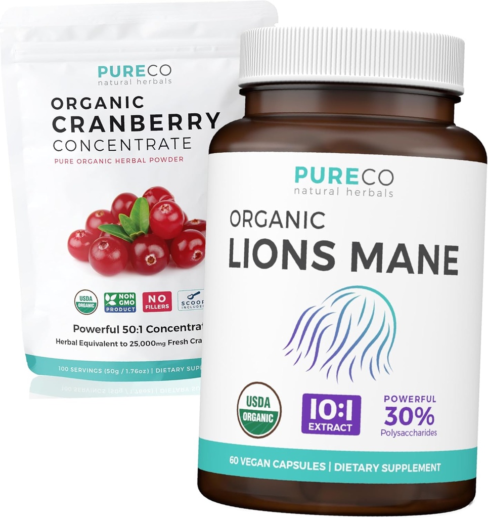 Cranberry Powder & Lions Mane (1-Month Supply) Mindful Cranberry Bundle of Organic Cranberry Konzentrat Powder 50:1 Extract (100 Scoops) & Bio Lions Mane Mushroom 10:1 Extrakt (60 Caps)