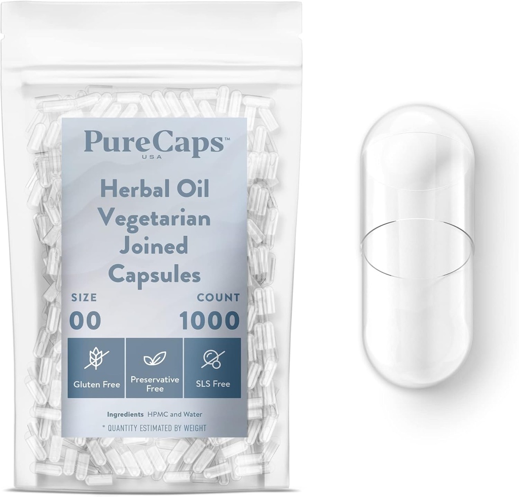 Purecaps USA - Leere Kräuteröl Vegetarische Vegan Pillen Kapseln Größe 00| 1.000 verbundenen Pillen| Clear| Nicht-GMO Certified| SLS, Gluten, Konservierungsfrei