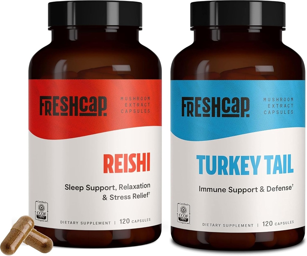 FreshCap Mushrooms Wellness Duo: Reishi 14,000mg für Langlebigkeit + Türkei 10.000mg für Immun- und Verdauungsgesundheit – 120 Kapseln