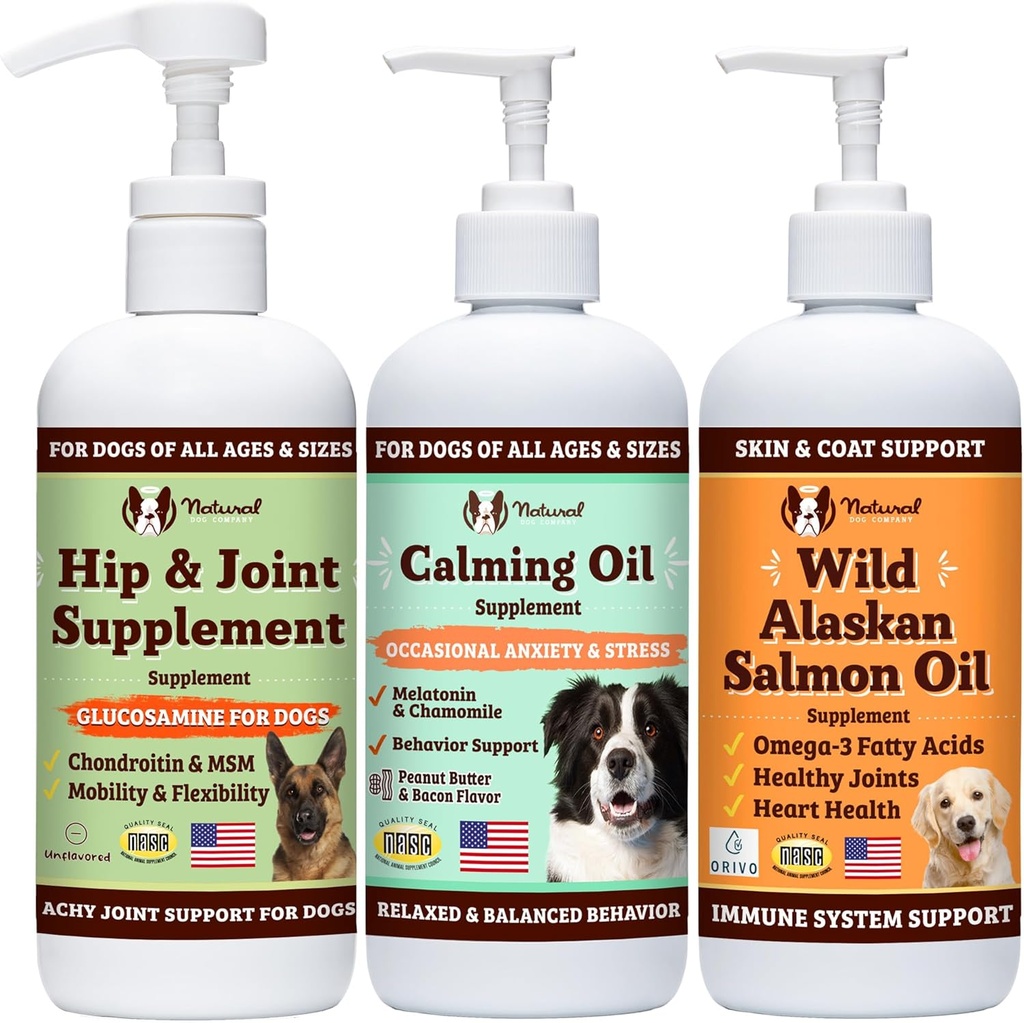 Natural Dog Company Wellness Bundle Food Oil Toppers mit (1) Wild Alaskan Lachsöl, (1) Flüssiger Glucosamin, (1) Calming Oil