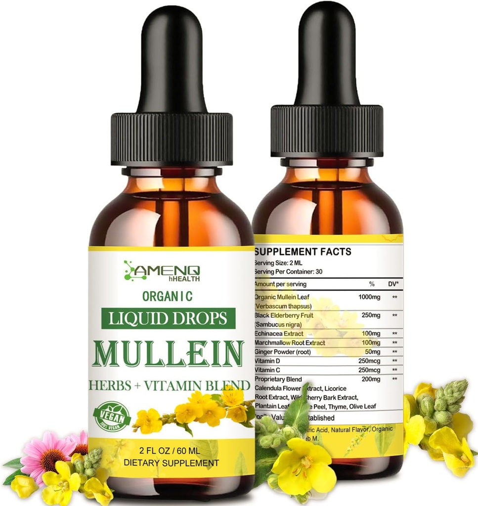 Mullein Tropfen für Lunge, Lung Detox & Cleanse für Raucher, Bio Mullein Blatt Extrakt für Lunge w. Elderberry, Ginger, Mullein Tincture Alcohol frei für respiratorische Lung Health 2 FL/OZ