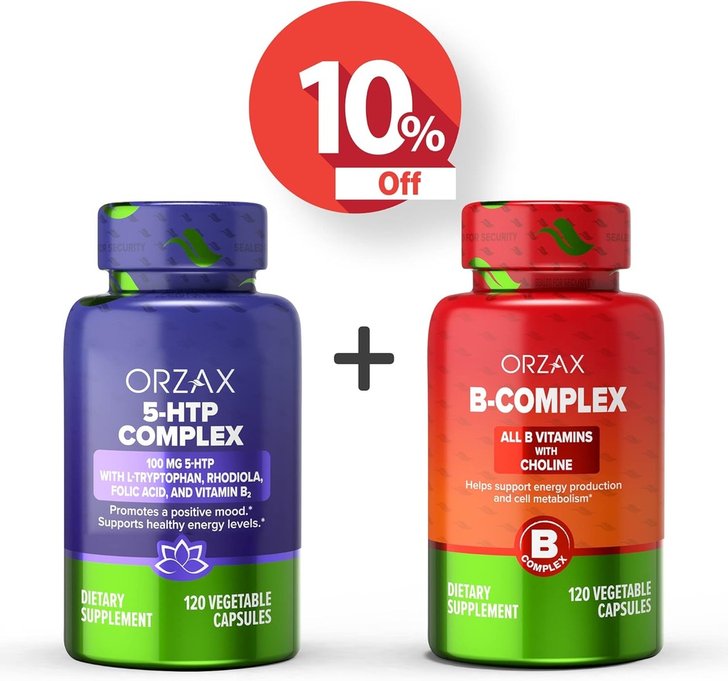 ORZAX 5 HTP Complex 100 Mg 120 Vegatable Capsules und Vitamin B Complex, B Vitamine mit Choline & Inositol 120 Kapseln, Bundle