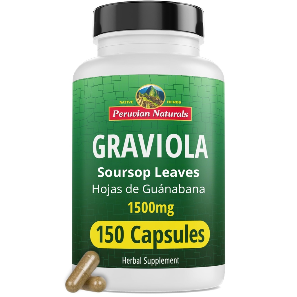 Peruvian Naturals Graviola Soursop Capsules 150 Count - Premium Soursop Extrakt aus Hojas de Guanabana - Non-GMO, Vegan, Gluten-Free 1500 mg hochPotency of Herbal Supplement